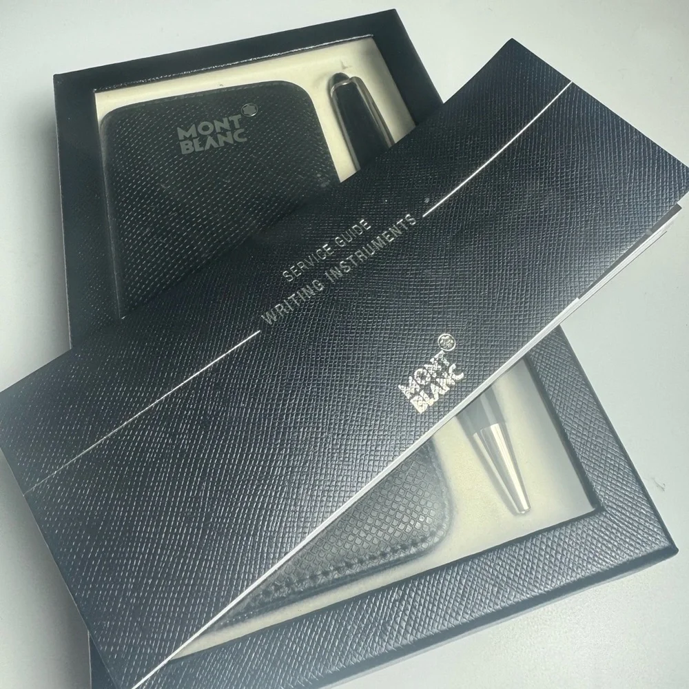 Mont Blanc Black Textured Leather Pencil Case with Black Ballpoint Pen